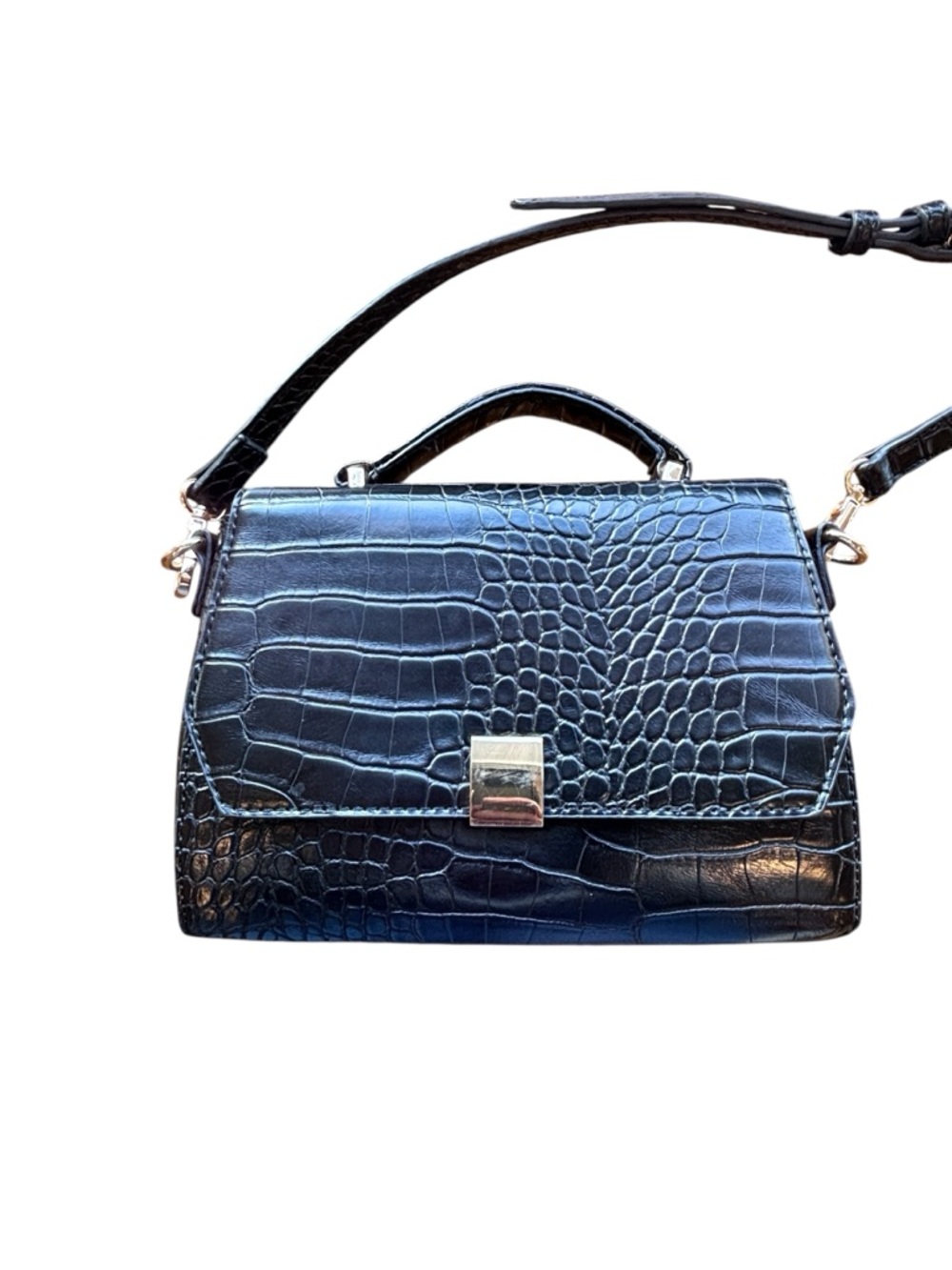 Black Croc Embossed Top Handle Bag Structured Mini Shoulder Bag Gold Hardware